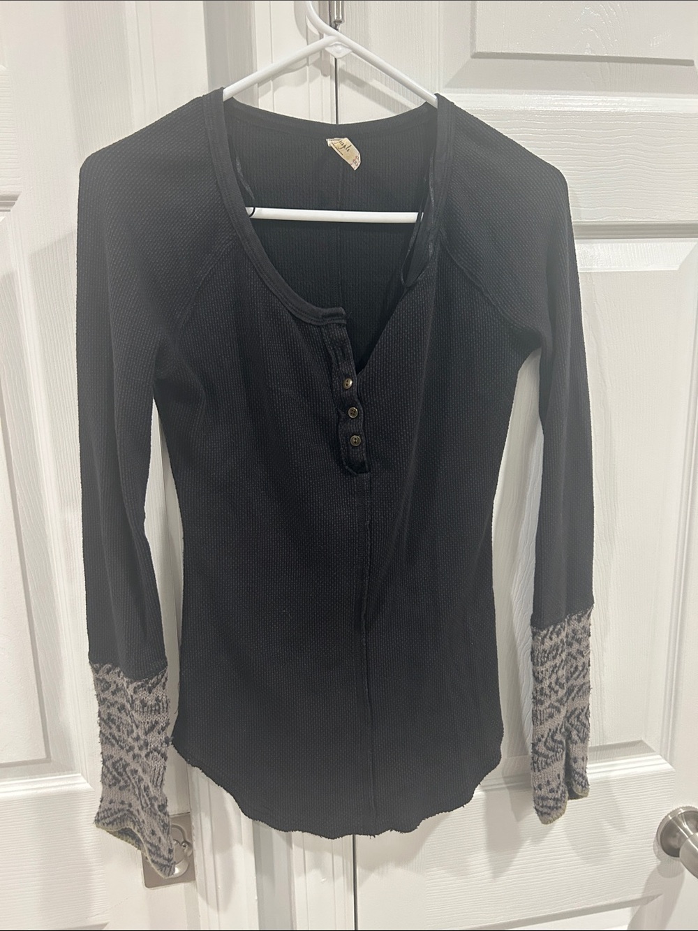 Free People Black Long-Sleeve Henley with Patterned Cuffs - Waffle knit